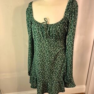Green Ruched Tie Front Sundress with Bishop Sleeves